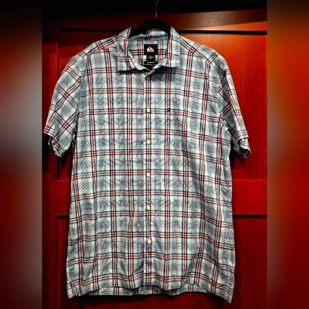 Quiksilver Gray and Red Plaid Button Down Shirt